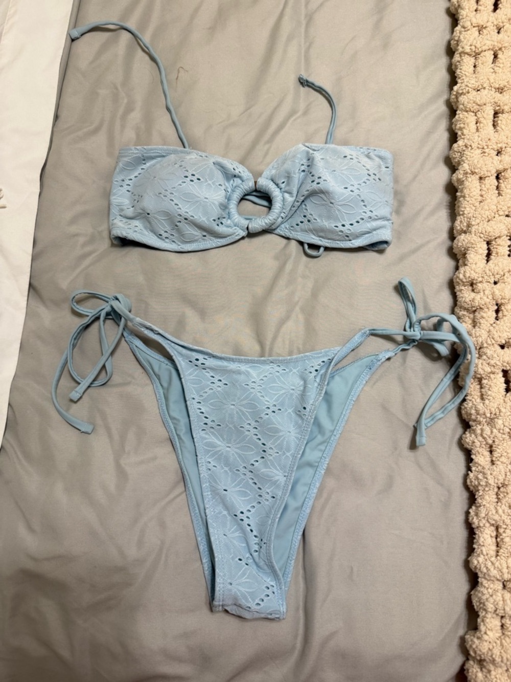 Light Blue Eyelet Lace Tie-Side Bikini Set